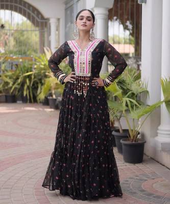 Black faux georgette printed flared gown set 3