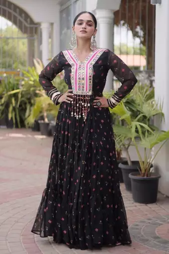 Black faux georgette printed flared gown set
