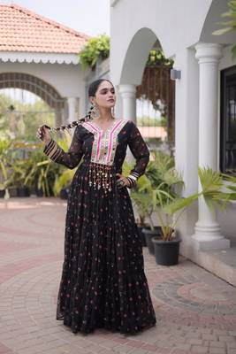Black faux georgette printed flared gown set 4
