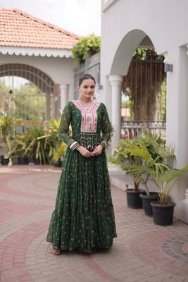 Dark-green faux georgette printed flared gown set 1