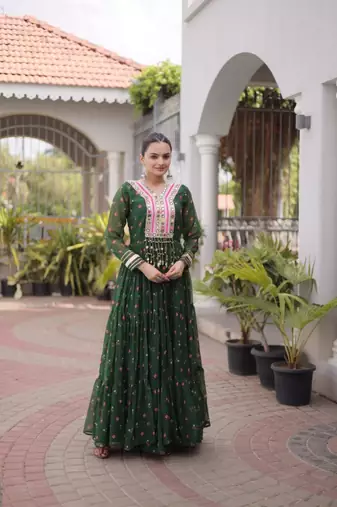 Dark-green faux georgette printed flared gown set