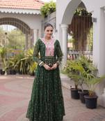 Dark-green faux georgette printed flared gown set