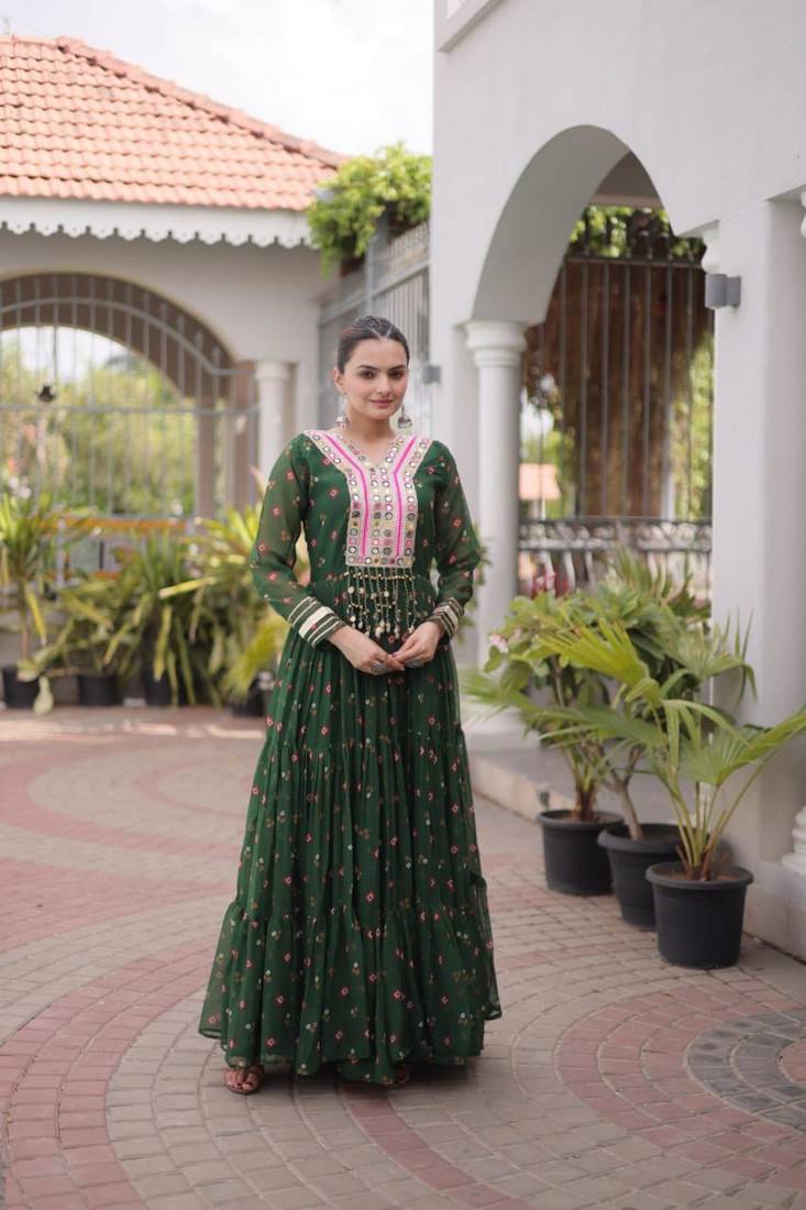 Dark-green faux georgette printed flared gown set