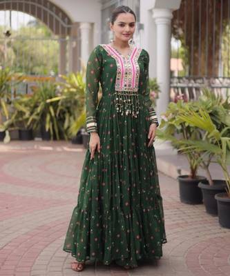 Dark-green faux georgette printed flared gown set 2