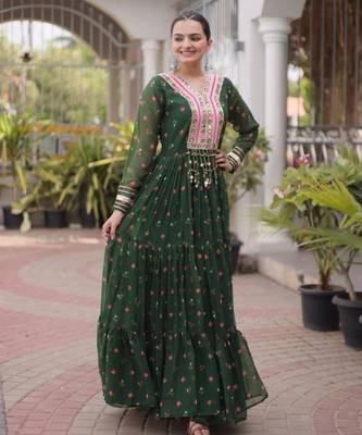 Dark-green faux georgette printed flared gown set 3