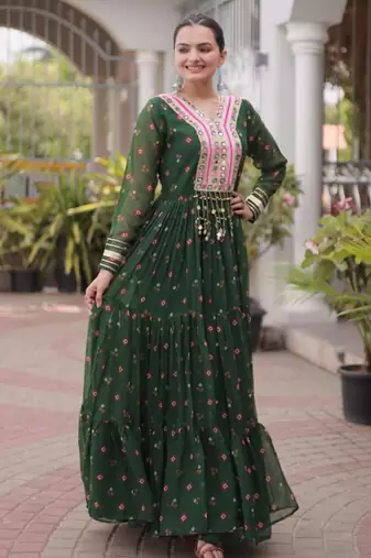 Dark-green faux georgette printed flared gown set