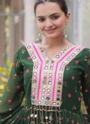 Dark-green faux georgette printed flared gown set 4