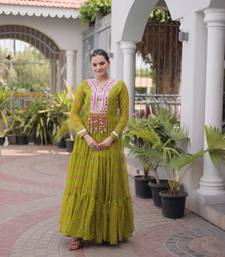 Olive faux georgette printed flared gown set