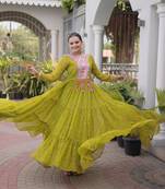 Olive faux georgette printed flared gown set