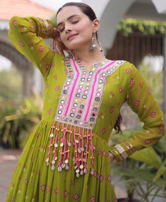 Olive faux georgette printed flared gown set 3