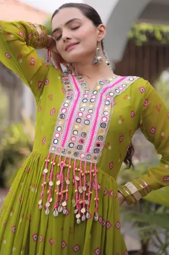 Olive faux georgette printed flared gown set