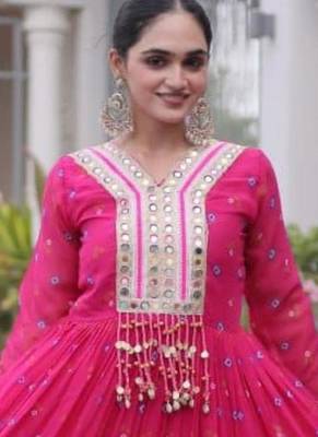 Rani-pink faux georgette printed flared gown set 2