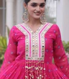 Rani-pink faux georgette printed flared gown set