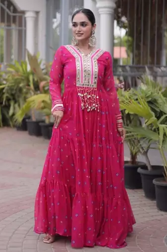 Rani-pink faux georgette printed flared gown set