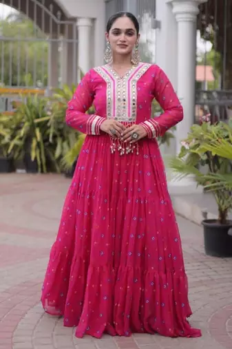 Rani-pink faux georgette printed flared gown set
