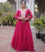 Rani-pink faux georgette printed flared gown set