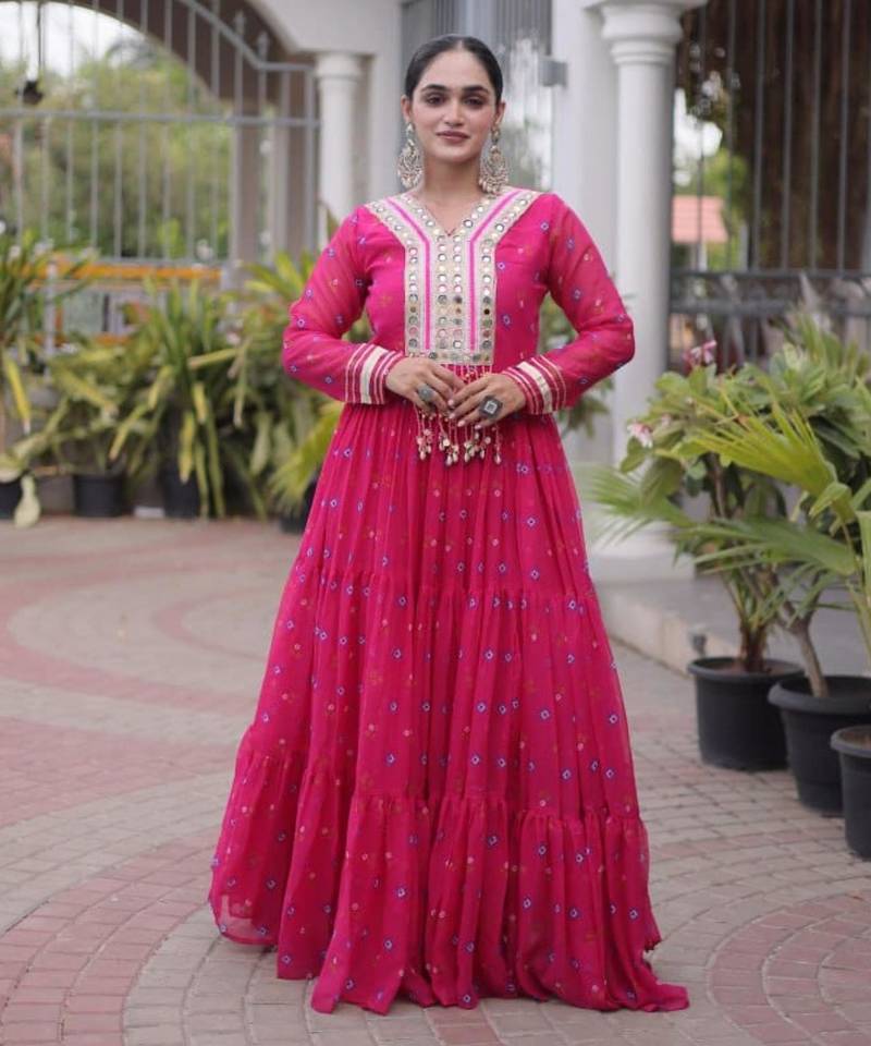 Rani-pink faux georgette printed flared gown set