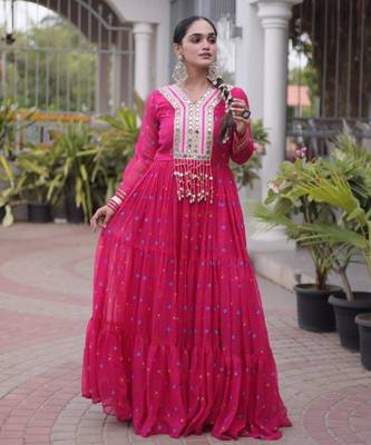 Rani-pink faux georgette printed flared gown set 4
