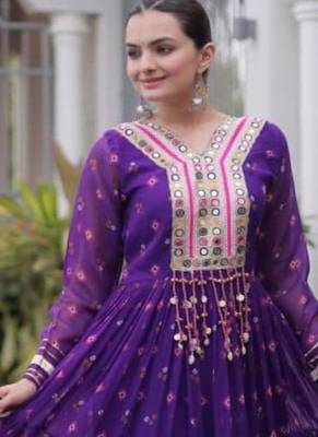 Purple faux georgette printed flared gown set 2