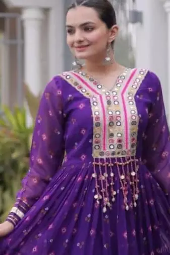 Purple faux georgette printed flared gown set