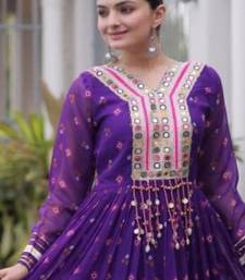 Purple faux georgette printed flared gown set