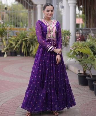 Purple faux georgette printed flared gown set 1