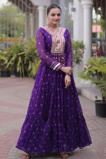 Purple faux georgette printed flared gown set