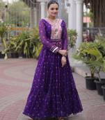Purple faux georgette printed flared gown set