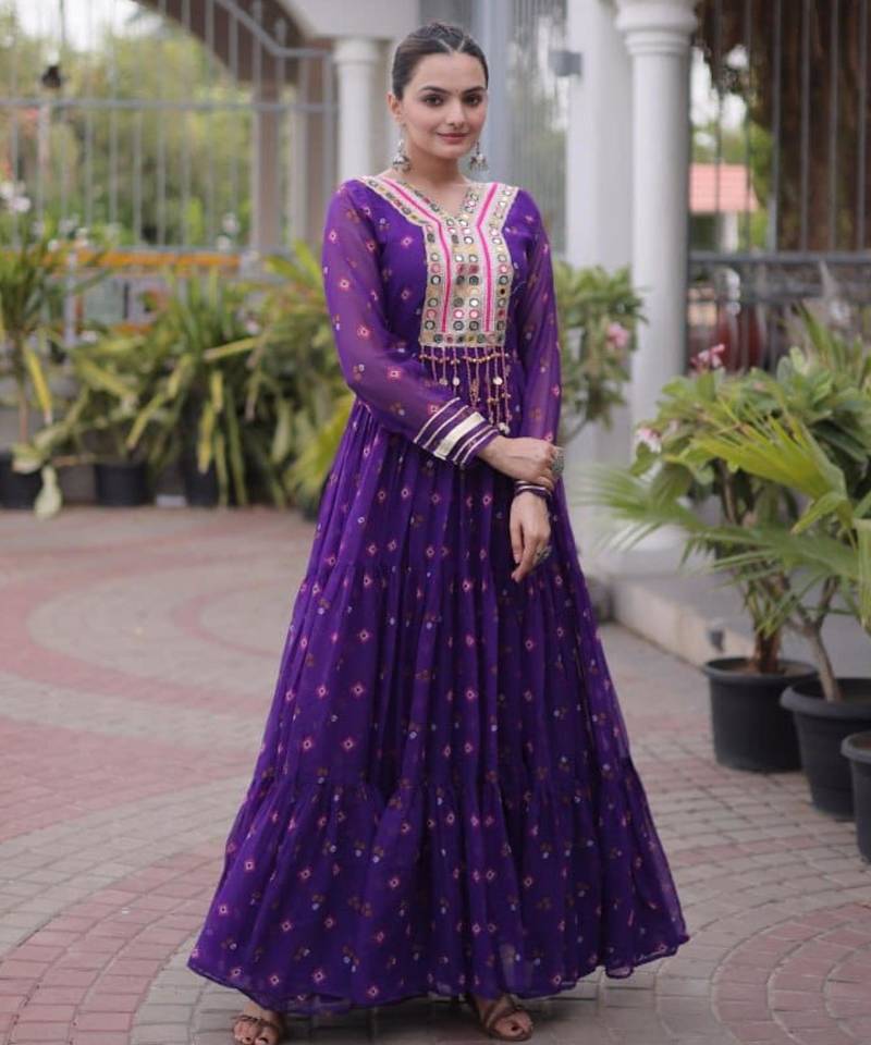 Purple faux georgette printed flared gown set