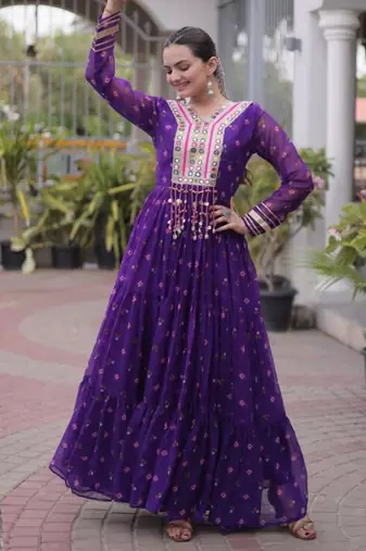 Purple faux georgette printed flared gown set