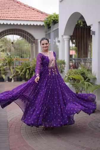 Purple faux georgette printed flared gown set