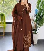 Brown silk blend embroidered kurta set