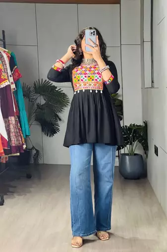 Black cotton poly embroidered kurta