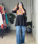 Black cotton poly embroidered kurta