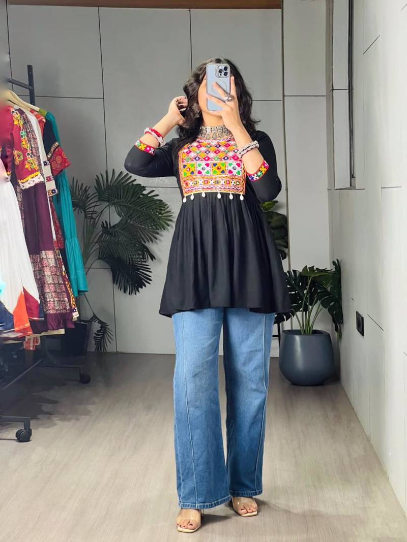 Black cotton poly embroidered kurta