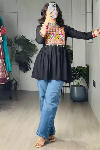 Black cotton poly embroidered kurta