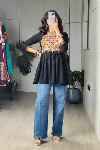 Black cotton poly embroidered kurta