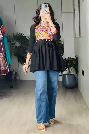 Black cotton poly embroidered kurta