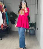 Rani-pink cotton poly embroidered kurta