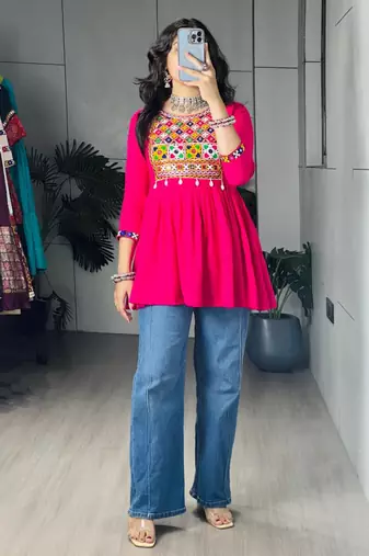 Rani-pink cotton poly embroidered kurta