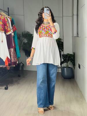 White cotton poly embroidered kurta 1