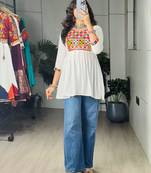 White cotton poly embroidered kurta
