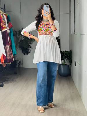 White cotton poly embroidered kurta 2