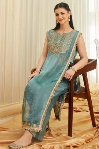 Teal satin embroidered palazzo set