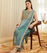 Teal satin embroidered palazzo set