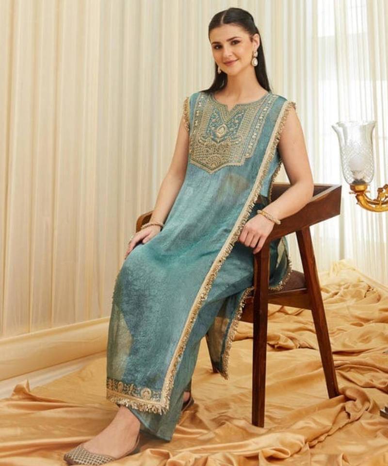 Teal satin embroidered palazzo set