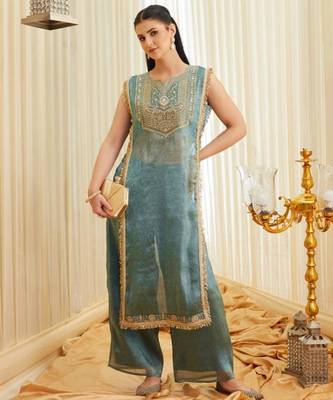 Teal satin embroidered palazzo set 2