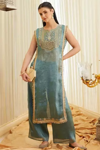 Teal satin embroidered palazzo set