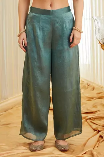Teal satin embroidered palazzo set