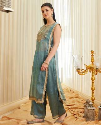 Teal satin embroidered palazzo set 4